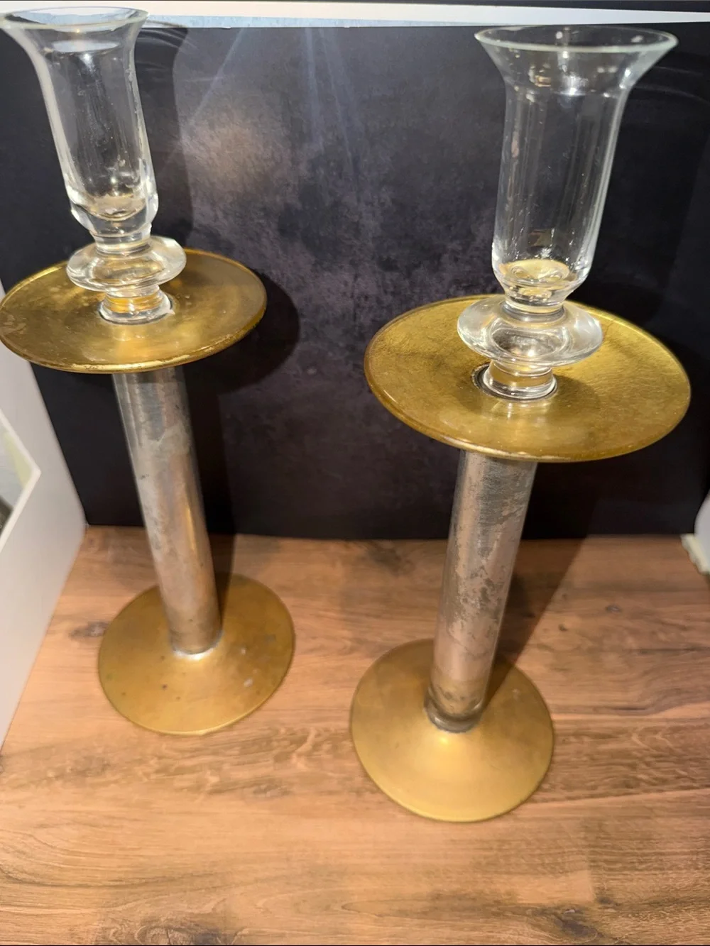 Crate&Barrel Gold and Clear Tall Candle Holders - Pair